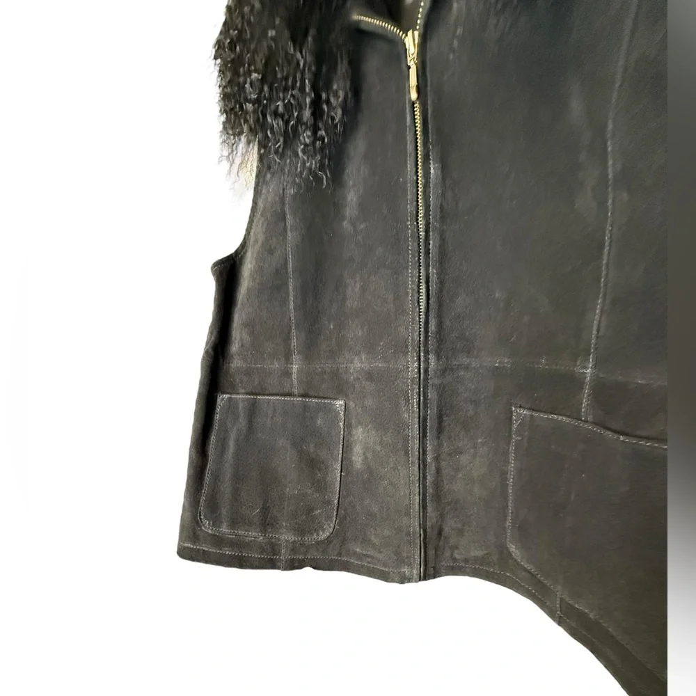 Vintage‎ Penny Lane Lisa International Black 100% Suede Fur Trim Vest- Women's L